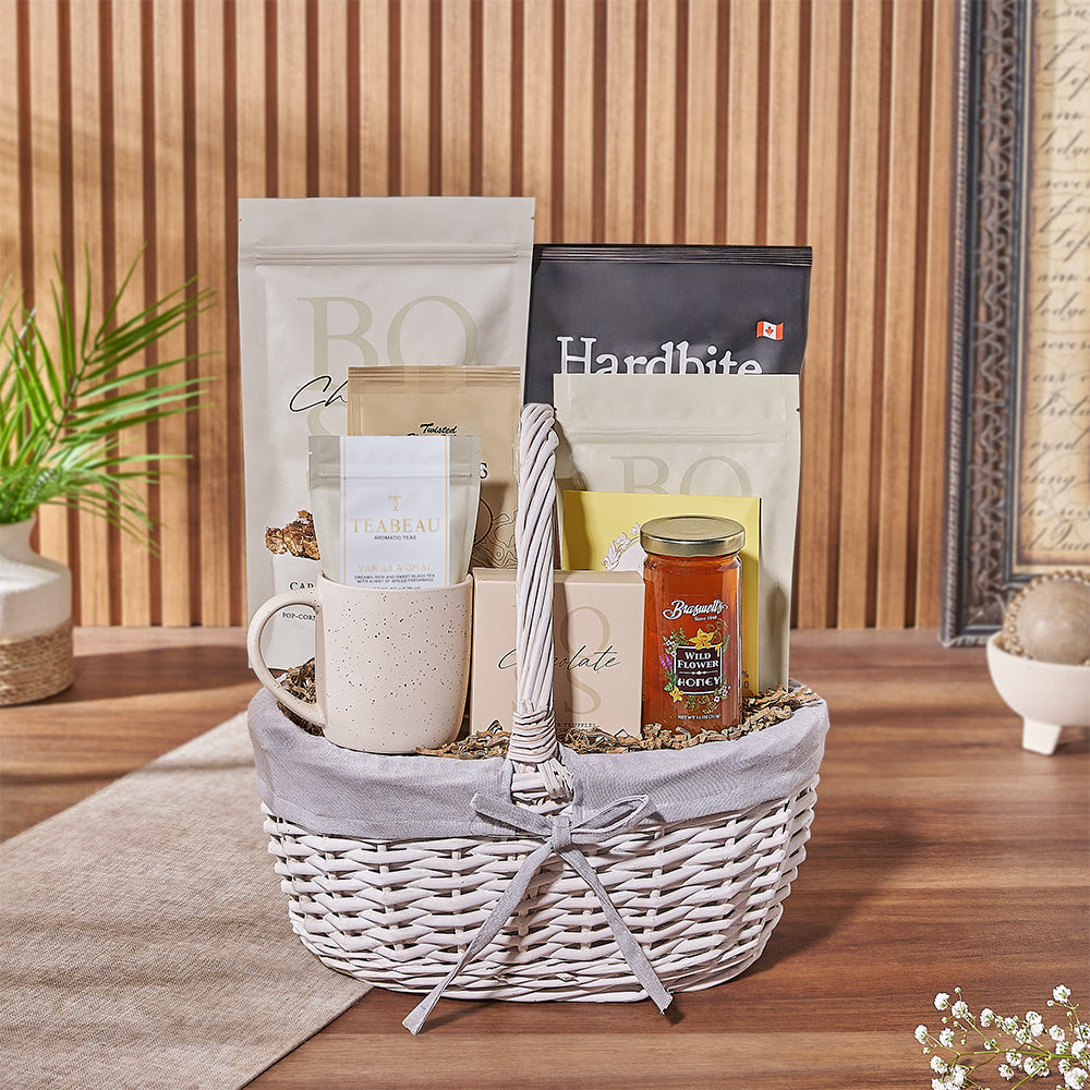 The Sparkling Snack Gift Basket, tea gift, popcorn, cookies, pretzels, tea, chocolate, honey, chips, mug, basket, Vermont Delivery The Sparkling Snack Gift Basket, tea gift, popcorn, cookies, pretzels, tea, chocolate, honey, chips, mug, basket, Vermont Delivery