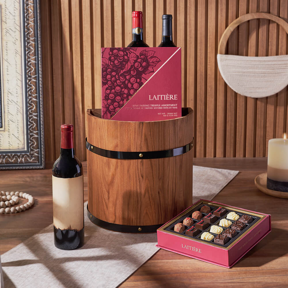 Elegant Wine Gift Basket Featuring 3 Bottles and Chocolate Truffles – how the gift is presented