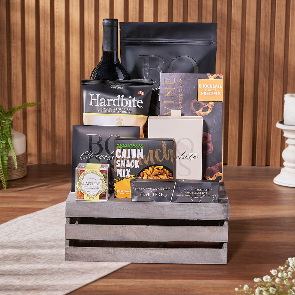 Medium Grey Wooden Crate with Wine and Gourmet Chocolate Gift Basket – how the gift is presented
