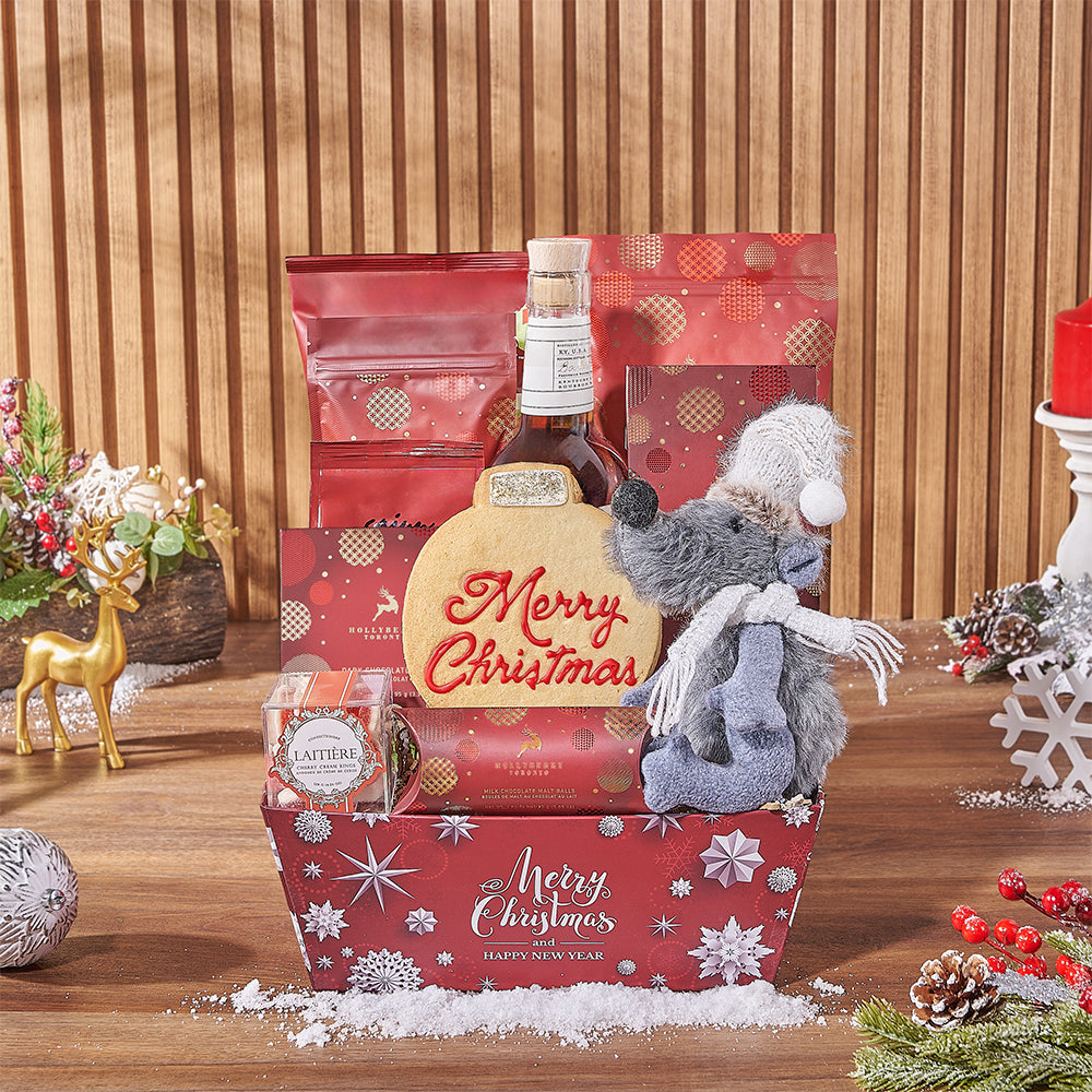 Premium Whiskey Gift Basket with Holiday Market Snacks – how the gift is presented