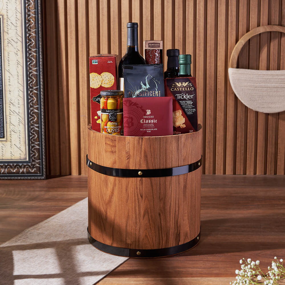 Wooden Half Barrel Wine Gift Basket Featuring Cheese, Salami & Chocolate – how the gift is presented