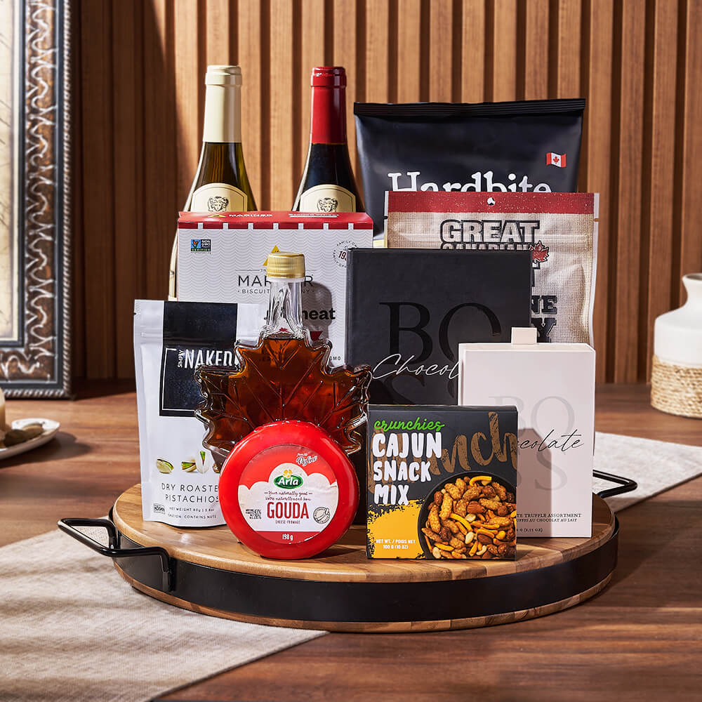 Two Bottle Wine Basket with Cheese – how the gift is presented