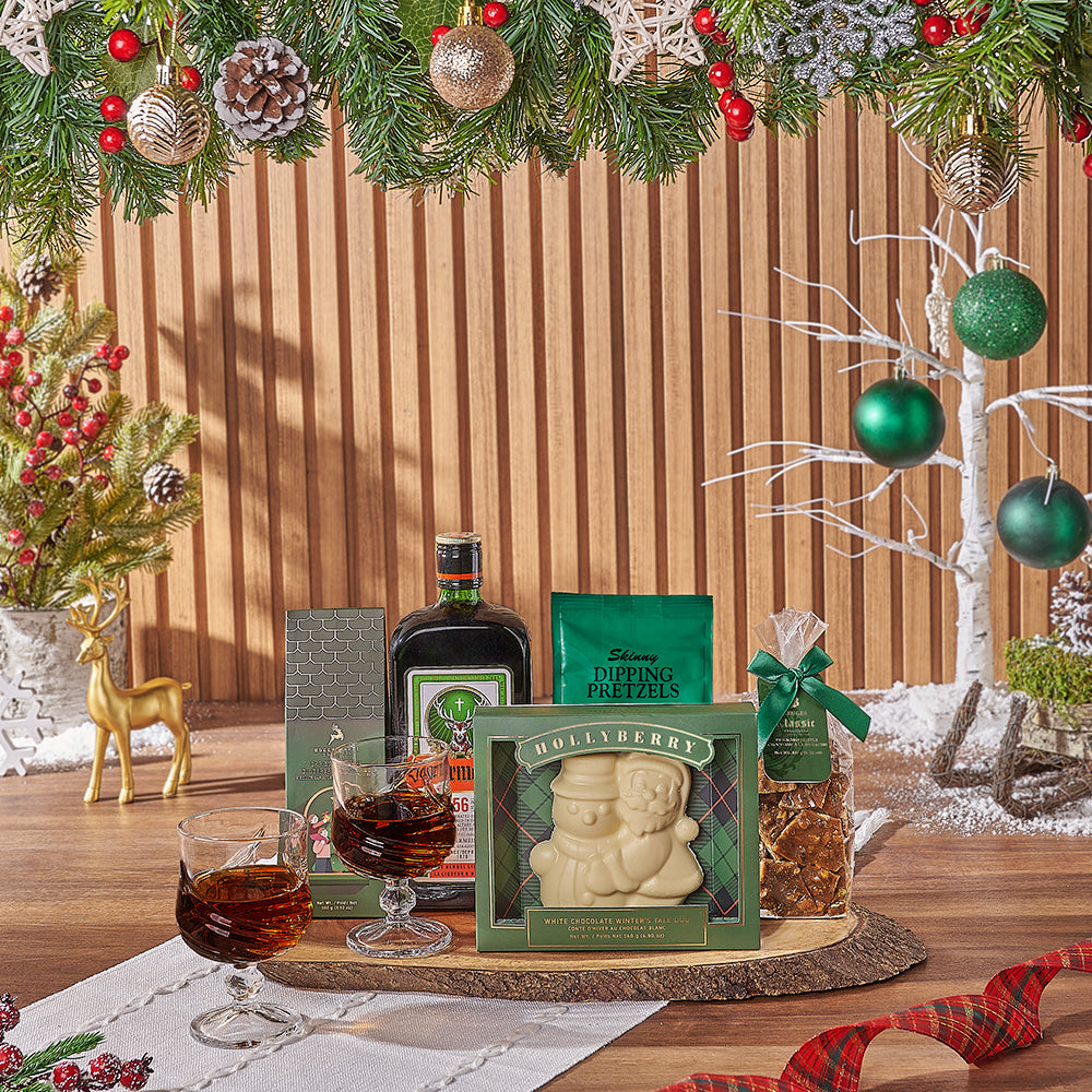 Holiday Vodka Gift Basket with Live-Edge Serving Board and Sweets – how the gift is presented