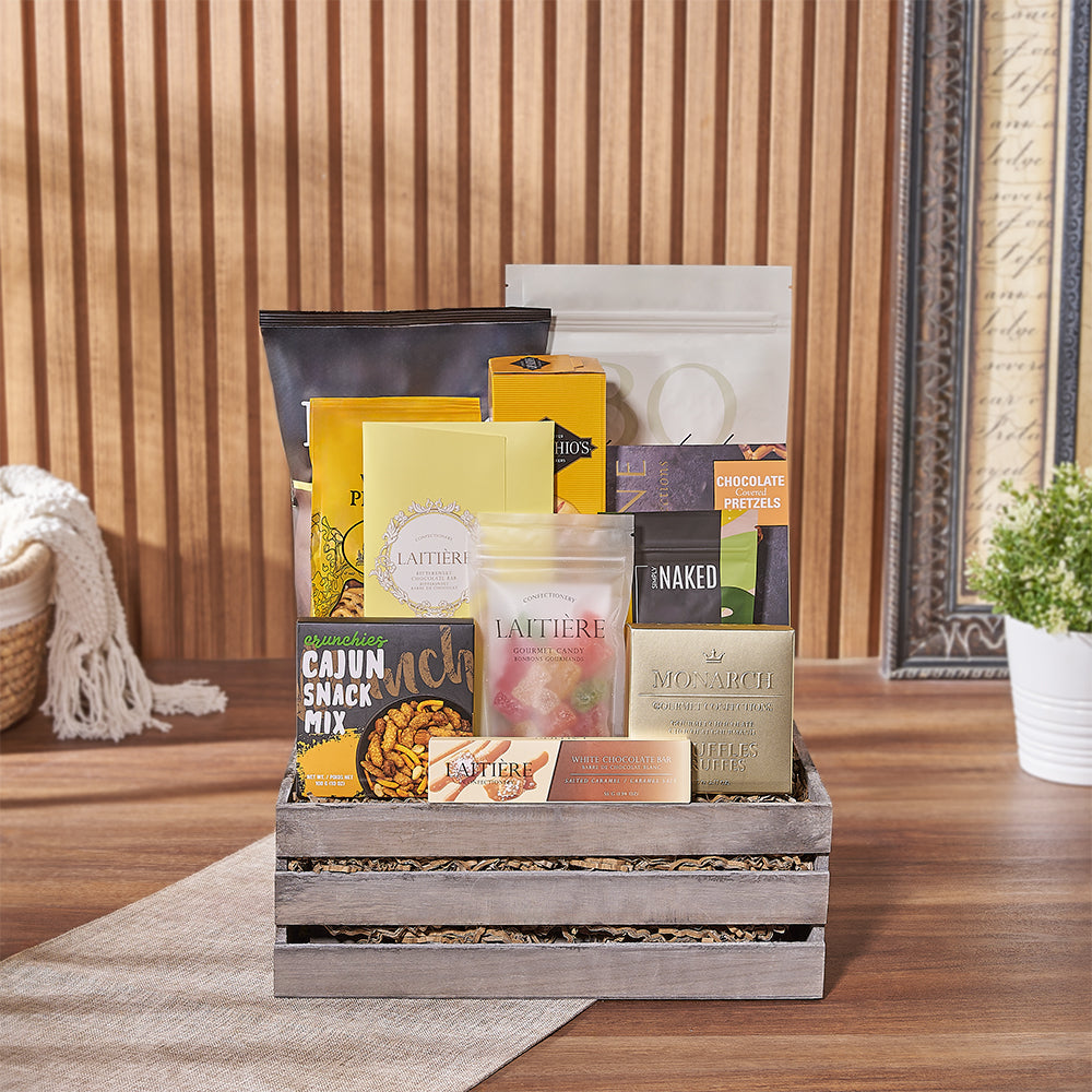 Assorted Caramel and Chocolate Snack Basket – how the gift is presented
