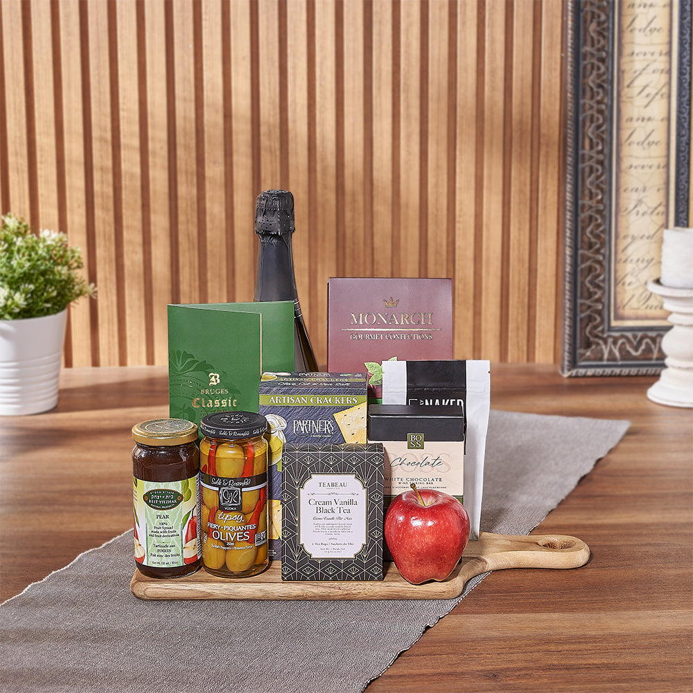 Kosher Sparkling Wine and Gourmet Treats Gift Basket on Wooden Serving Board – how the gift is presented