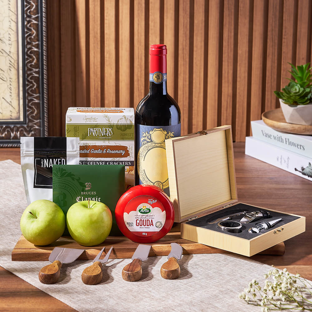 Apple, Cheese, & Wine Gift Basket, wine gift, wine, cheese gift, cheese, fruit gift, fruit, Vermont delivery