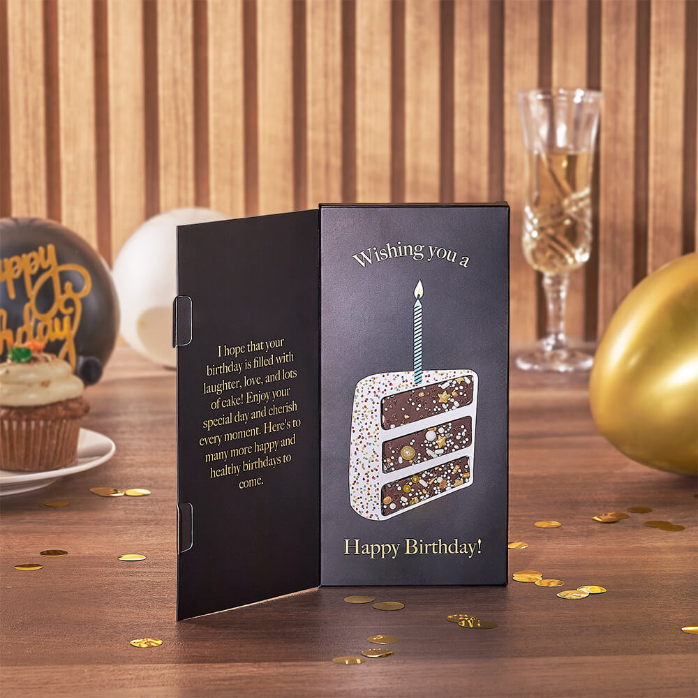 Birthday Sparkling Wine Gift Tray with Gourmet Chocolates and Cheeses – how the gift is presented