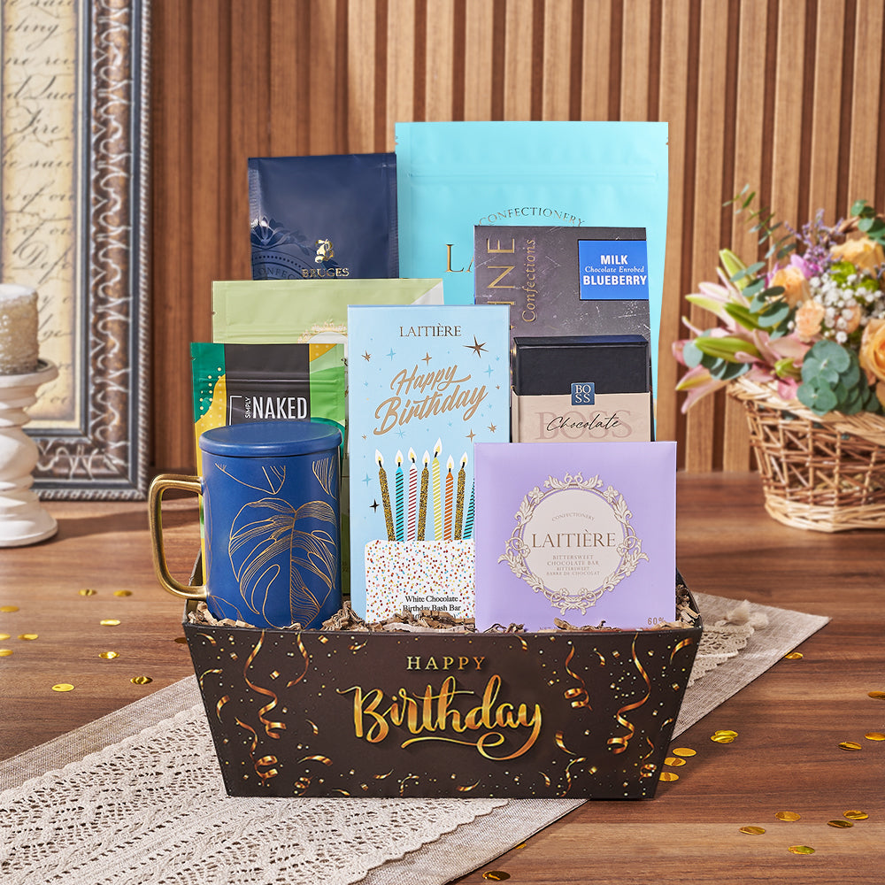 Birthday Celebration White Chocolate and Coffee Gift Basket – how the gift is presented
