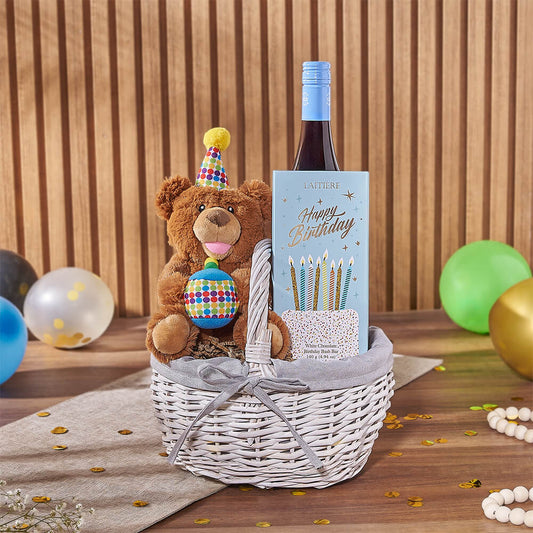 Birthday Wine & Bear Gift Basket, wine gift, wine, birthday gift, birthday, chocolate gift, chocolate, Vermont delivery