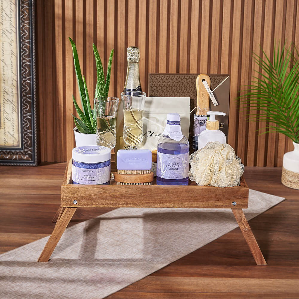 Succulent and Bubbles Gift Basket with Coffee Truffles and Spa Set – how the gift is presented