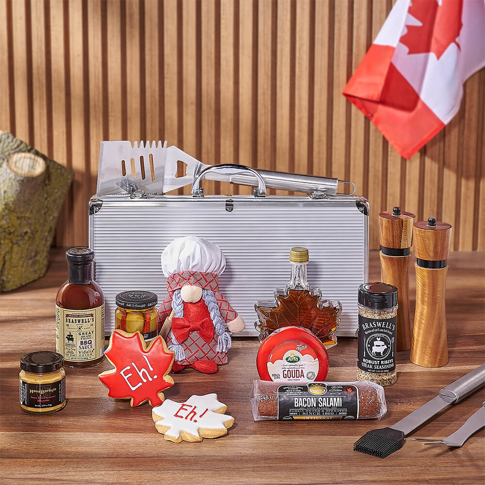 Canada Day Grill Gift Set with Plush Baker and Gourmet Sauces – how the gift is presented