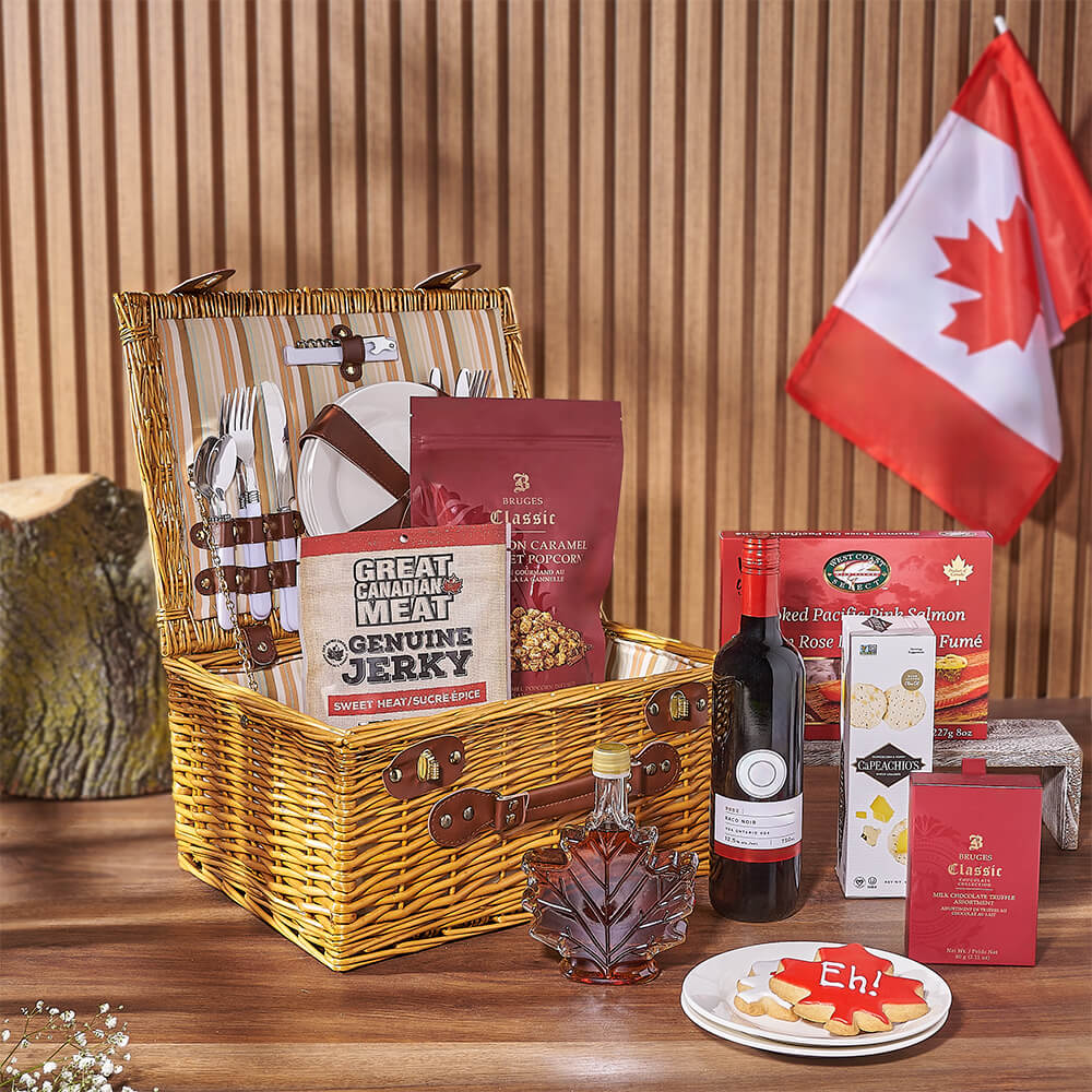 Canada Day Picnic Gift Basket, canada day gift, canada day, wine gift, wine, chocolate gift, chocolate, Vermont delivery