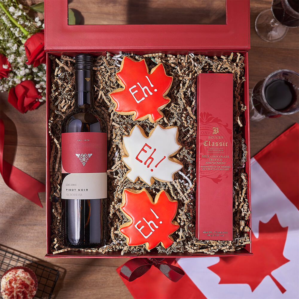 Celebration Wine Gift Basket Featuring Bruges Truffles and 'Eh!' Leaf Cookies – how the gift is presented