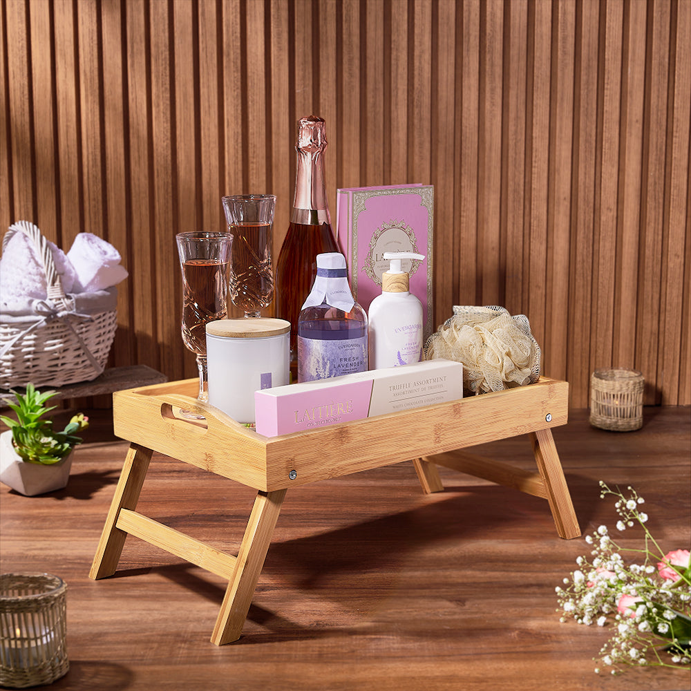 Lavender Spa Gift Basket with Sparkling Wine and White Chocolate Treats – how the gift is presented