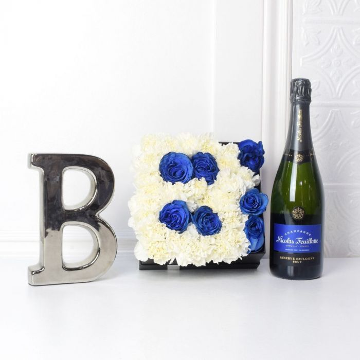 Celebrate A Baby Boy Flower Box with Champagne from Vermont Baskets - Champagne Gift Set - Vermont Delivery