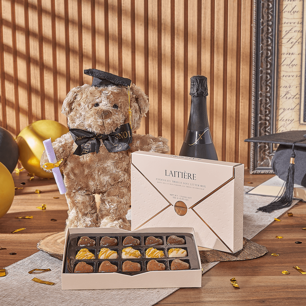 Graduation Bear and Sparkling Wine Basket – how the gift is presented