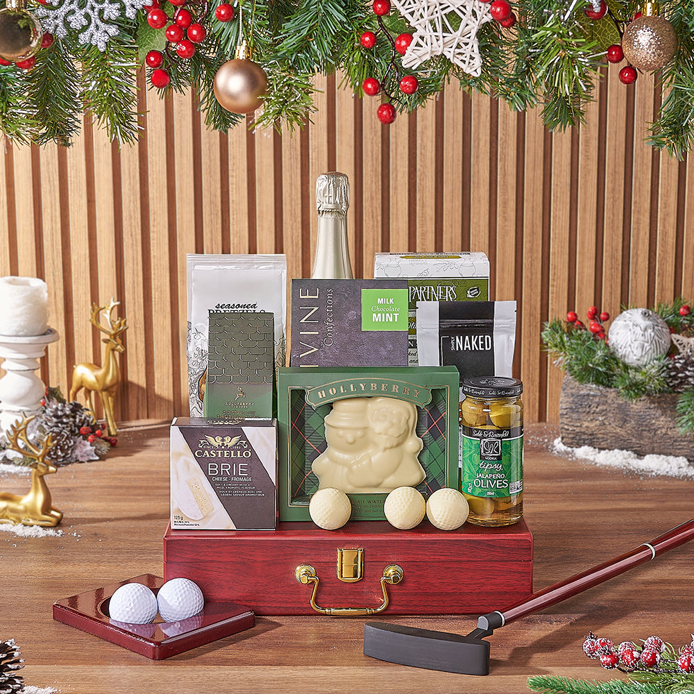 Wooden Case Holiday Gift with Sparkling Wine and Gourmet Golf Snacks – how the gift is presented