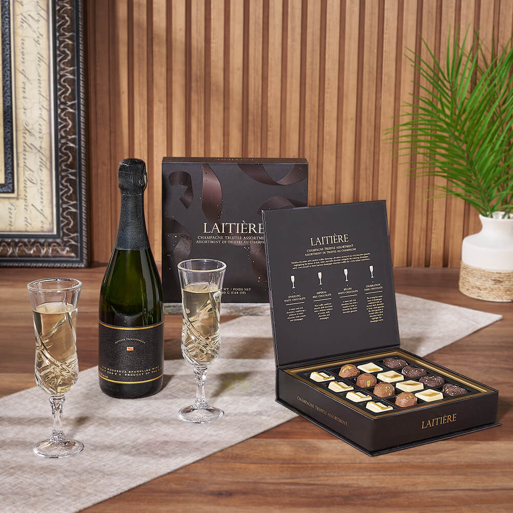 Gourmet Basket with Laitière Chocolate Truffles and Two Odessa Flutes – how the gift is presented