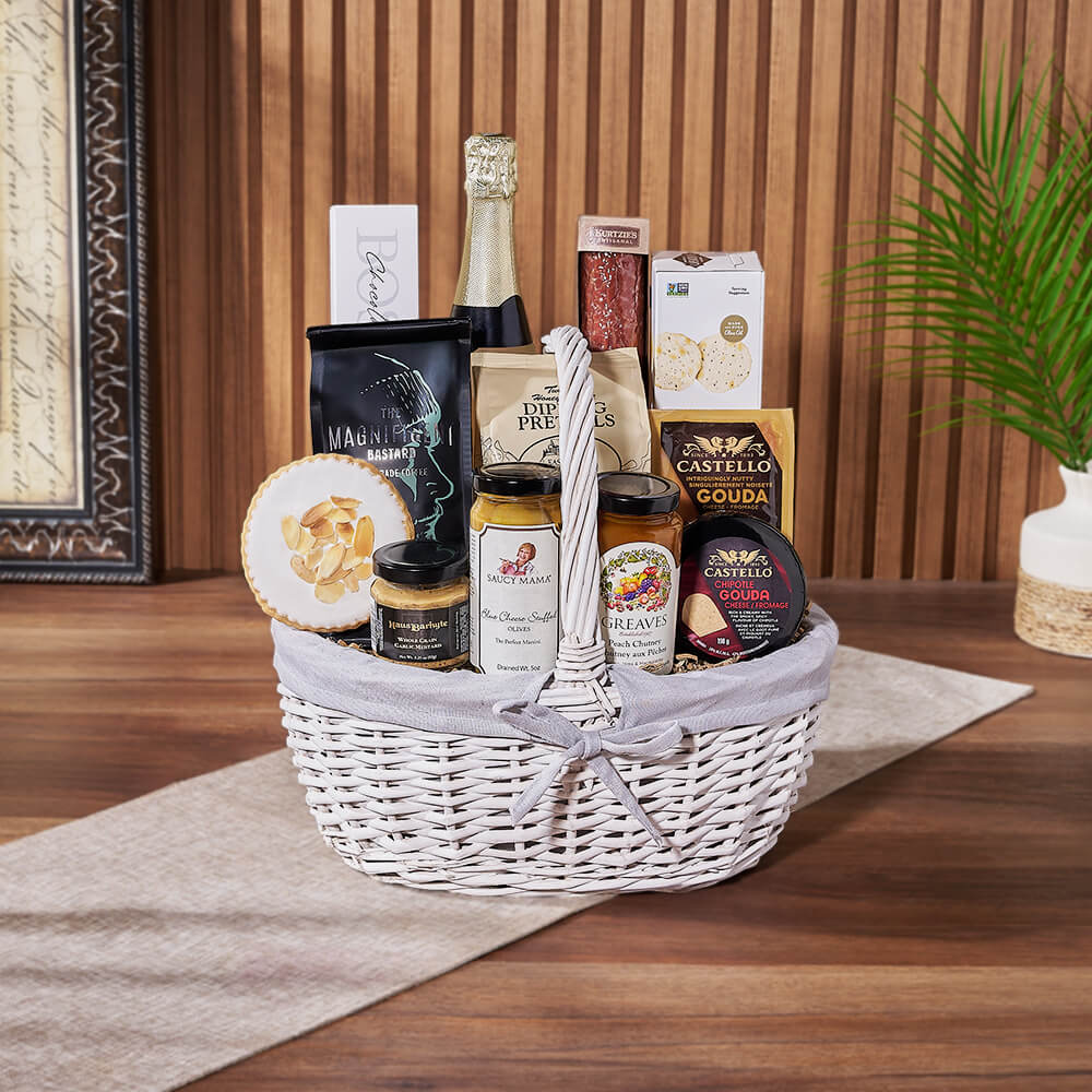 White Wicker Basket Featuring Sparkling Wine, Cheese, and Peach Chutney – how the gift is presented