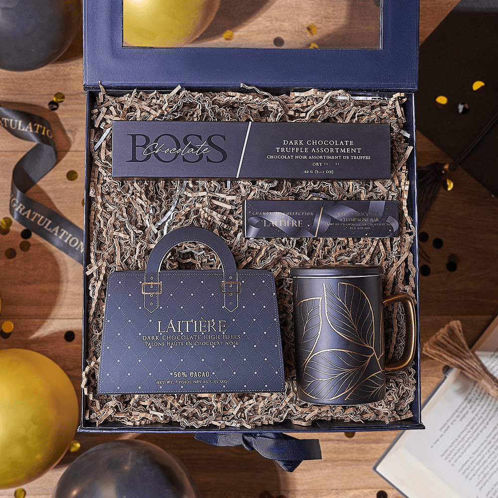Graduation Blue Box Chocolate Basket – how the gift is presented