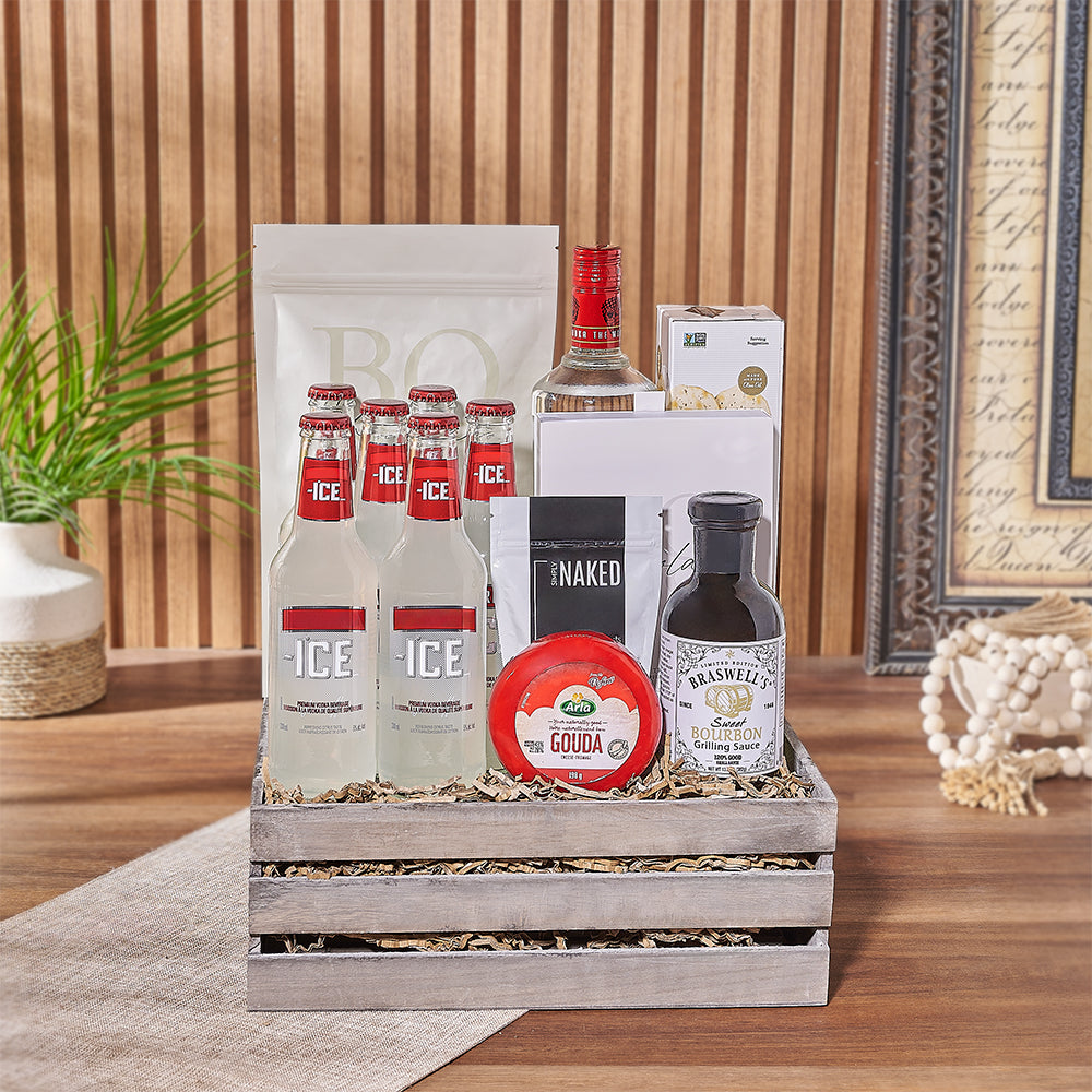 Vodka and Gouda Cheese Gift Basket – how the gift is presented