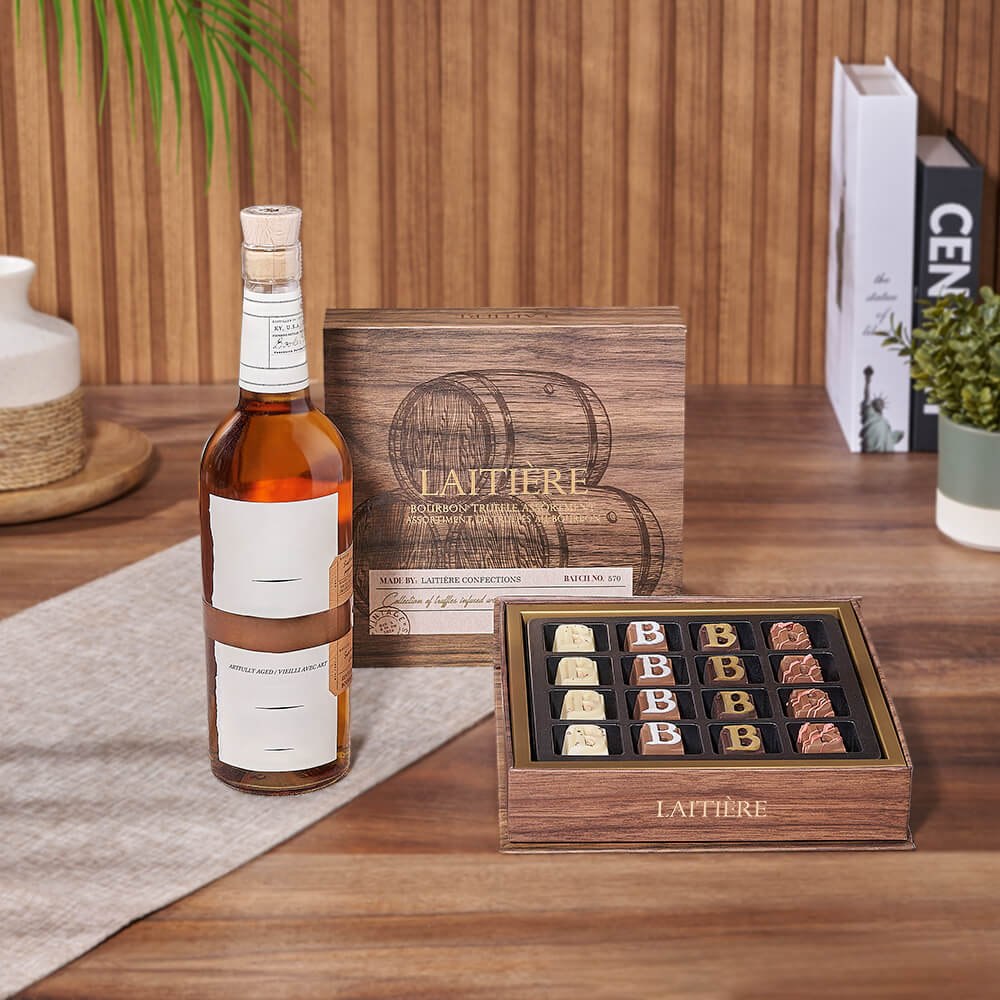 Bourbon Chocolate Truffle and Whiskey Gift – how the gift is presented