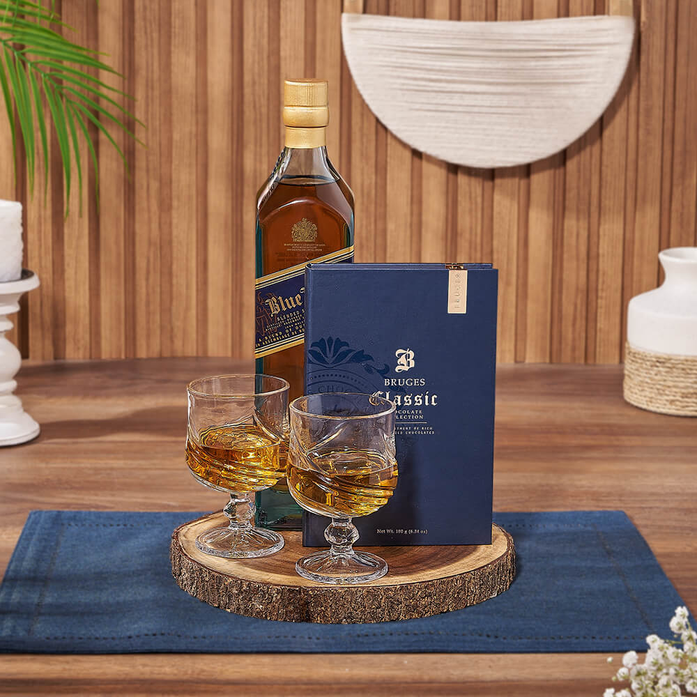 Deluxe Liquor Gift Set Featuring Whiskey and Fine Chocolates – how the gift is presented