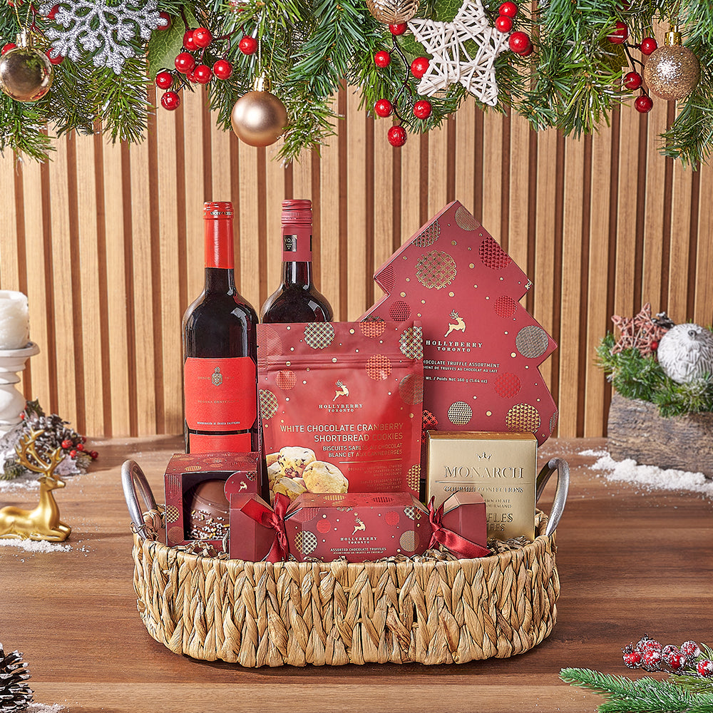 Deluxe Two-Bottle Wine Gift Basket with Holiday Chocolates – how the gift is presented