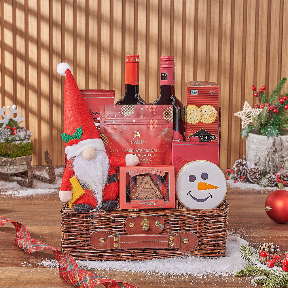 Festive Christmas Wine and Gourmet Snack Basket in Wicker Picnic Container – how the gift is presented