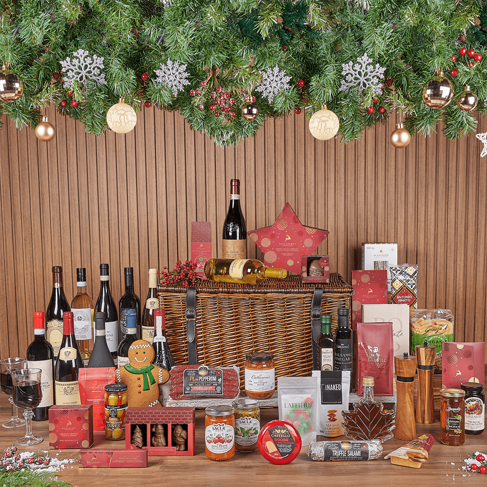 Willow Wicker Holiday Wine Gift Basket Featuring Gourmet Meats and Cheeses – how the gift is presented