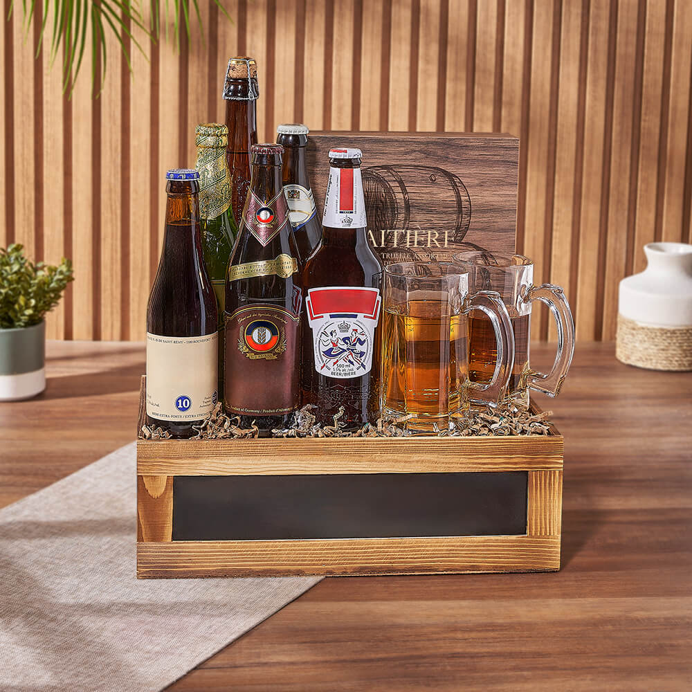 Six-Bottle Specialty Beer Set in Slate Front Wooden Box with Gourmet Treats – how the gift is presented