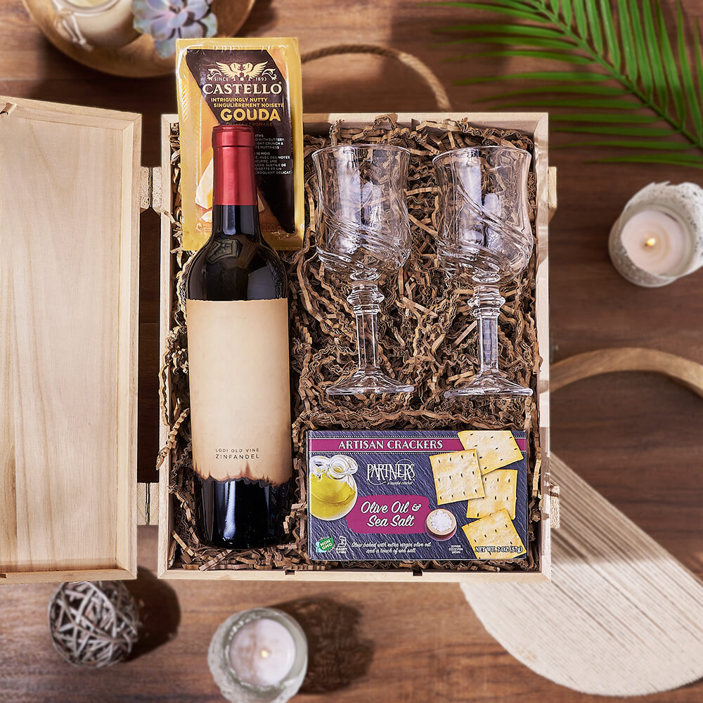 Gourmet Wooden Wine Gift Crate Featuring Gouda Cheese and Crackers – how the gift is presented