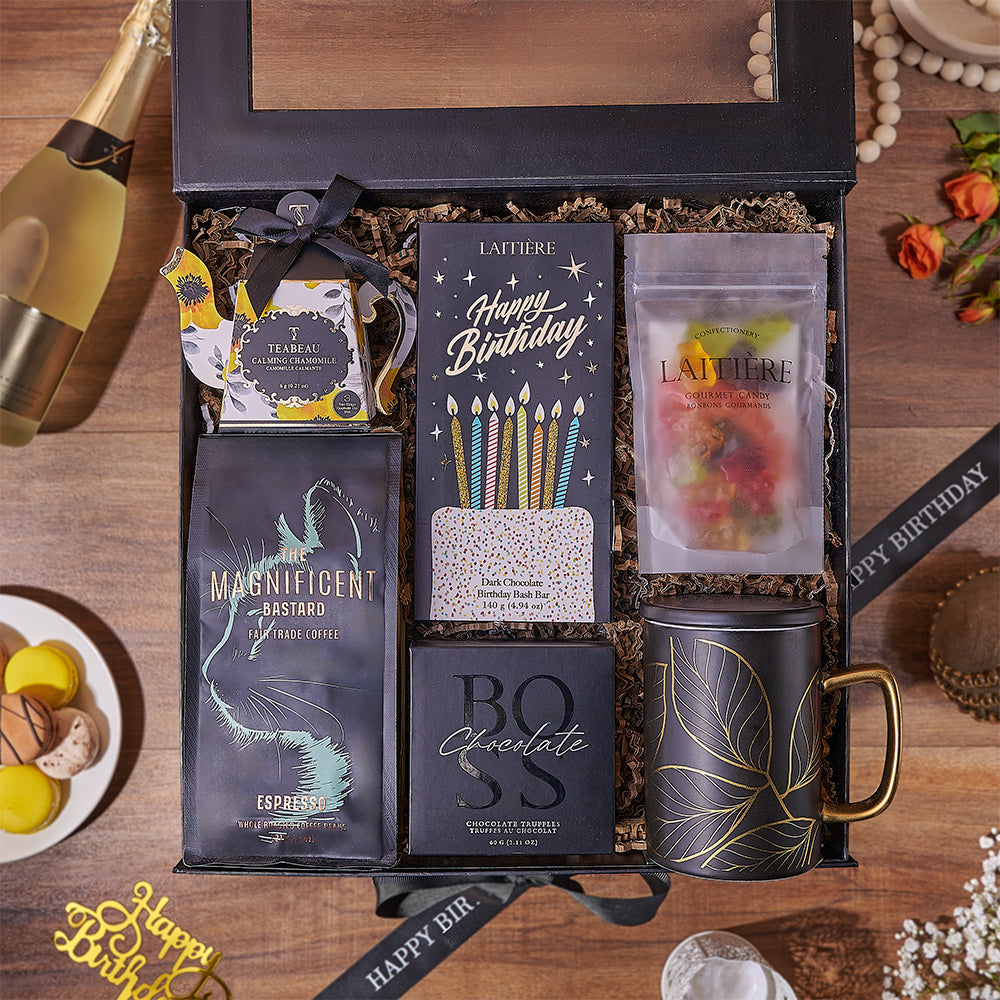 Deluxe Birthday Gift Box with Chocolates, Coffee, Tea, and Black & Gold Mug – how the gift is presented