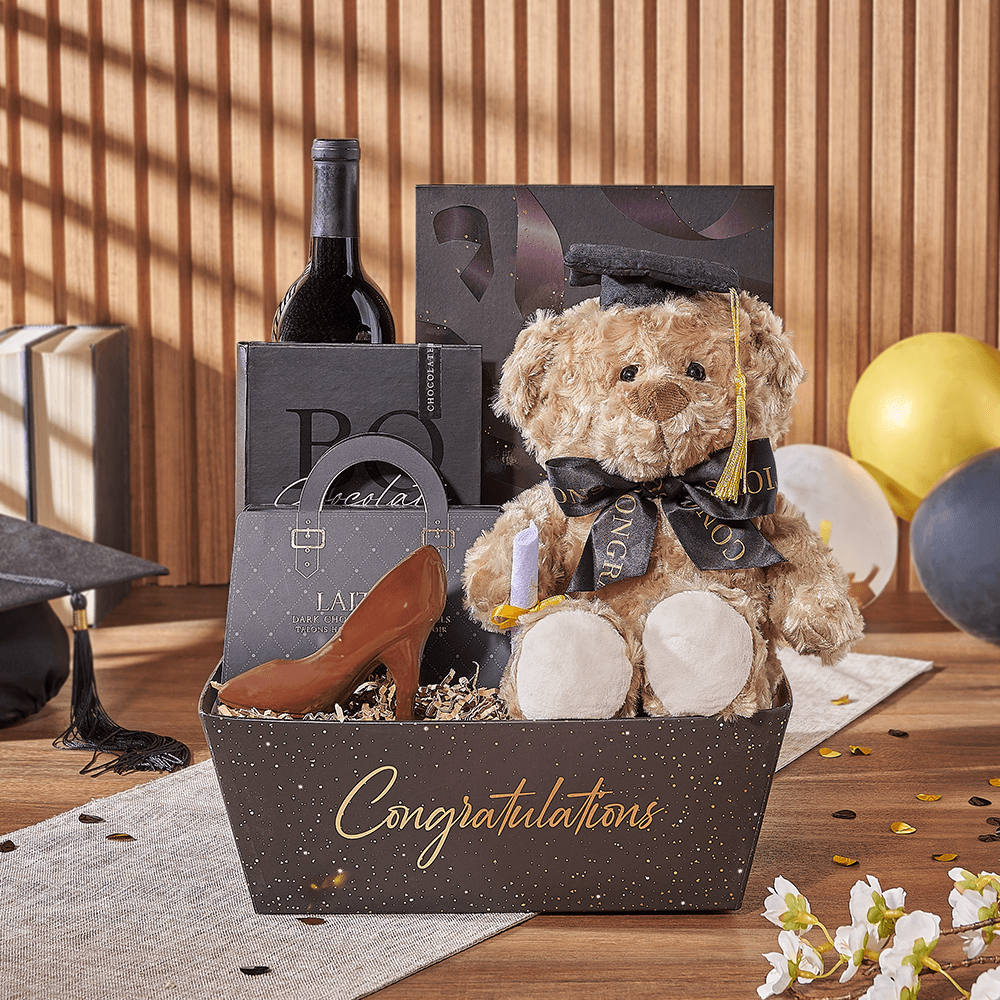 Wine and Graduation Chocolate Basket – how the gift is presented