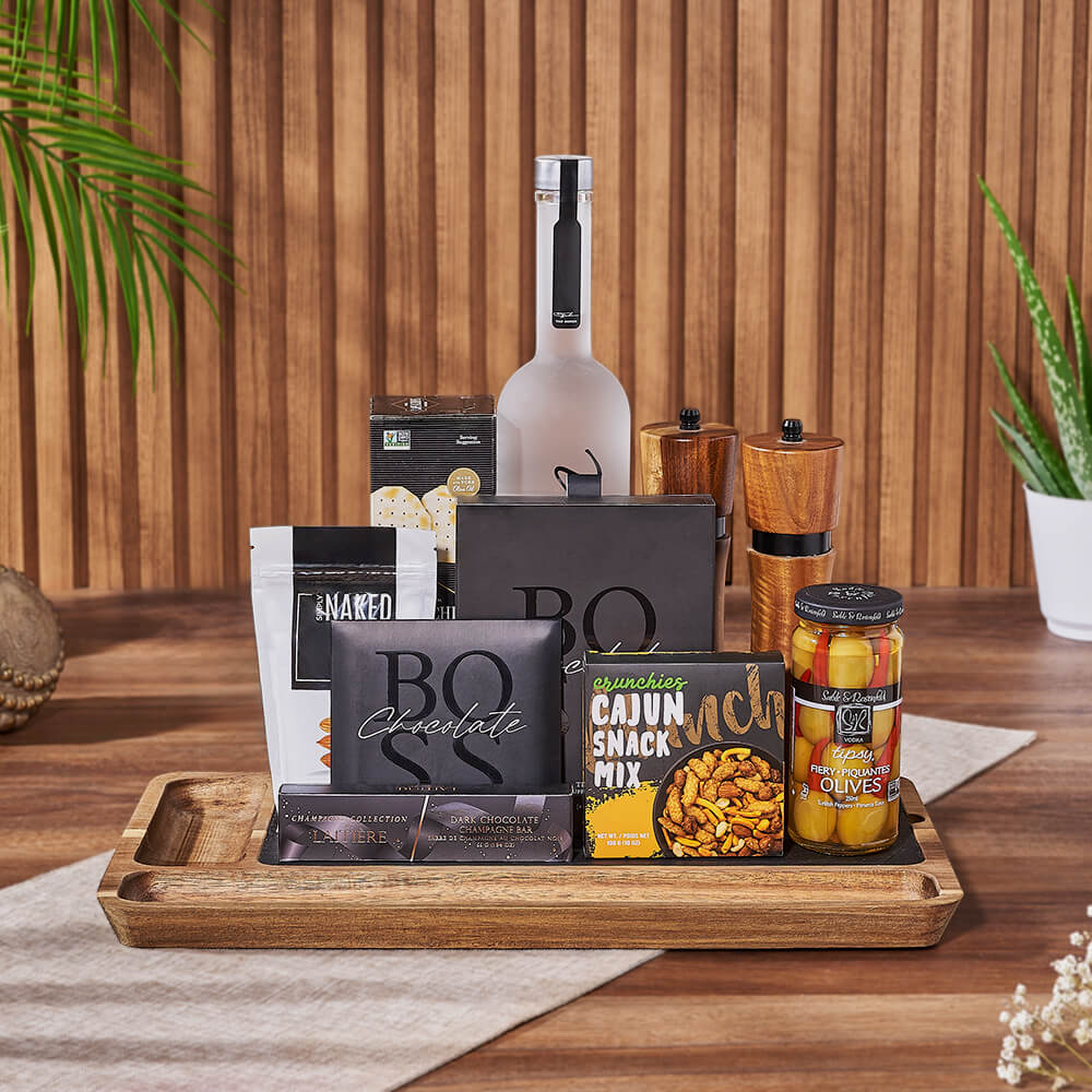 Vodka Gift Basket with Fine Chocolates, Cajun Snacks, and Salt & Pepper Mills – how the gift is presented