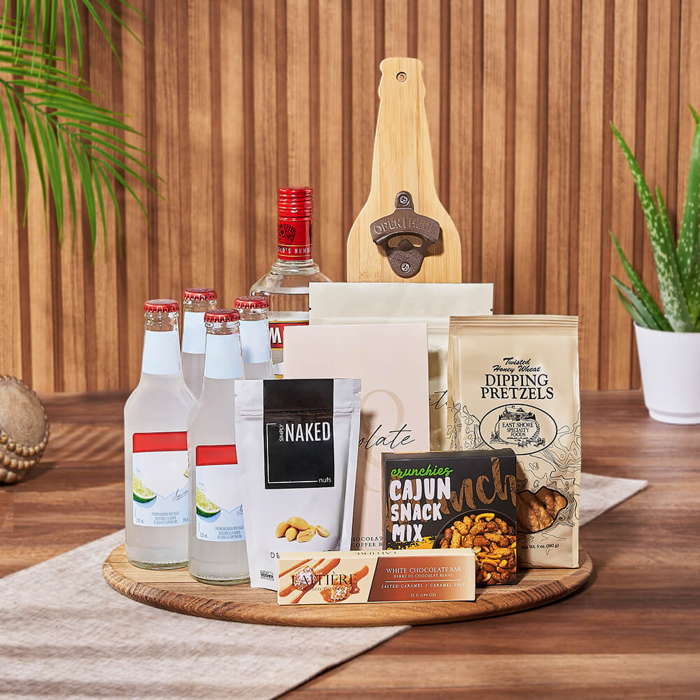 Deluxe Vodka Gift Basket with Gourmet Snacks – how the gift is presented