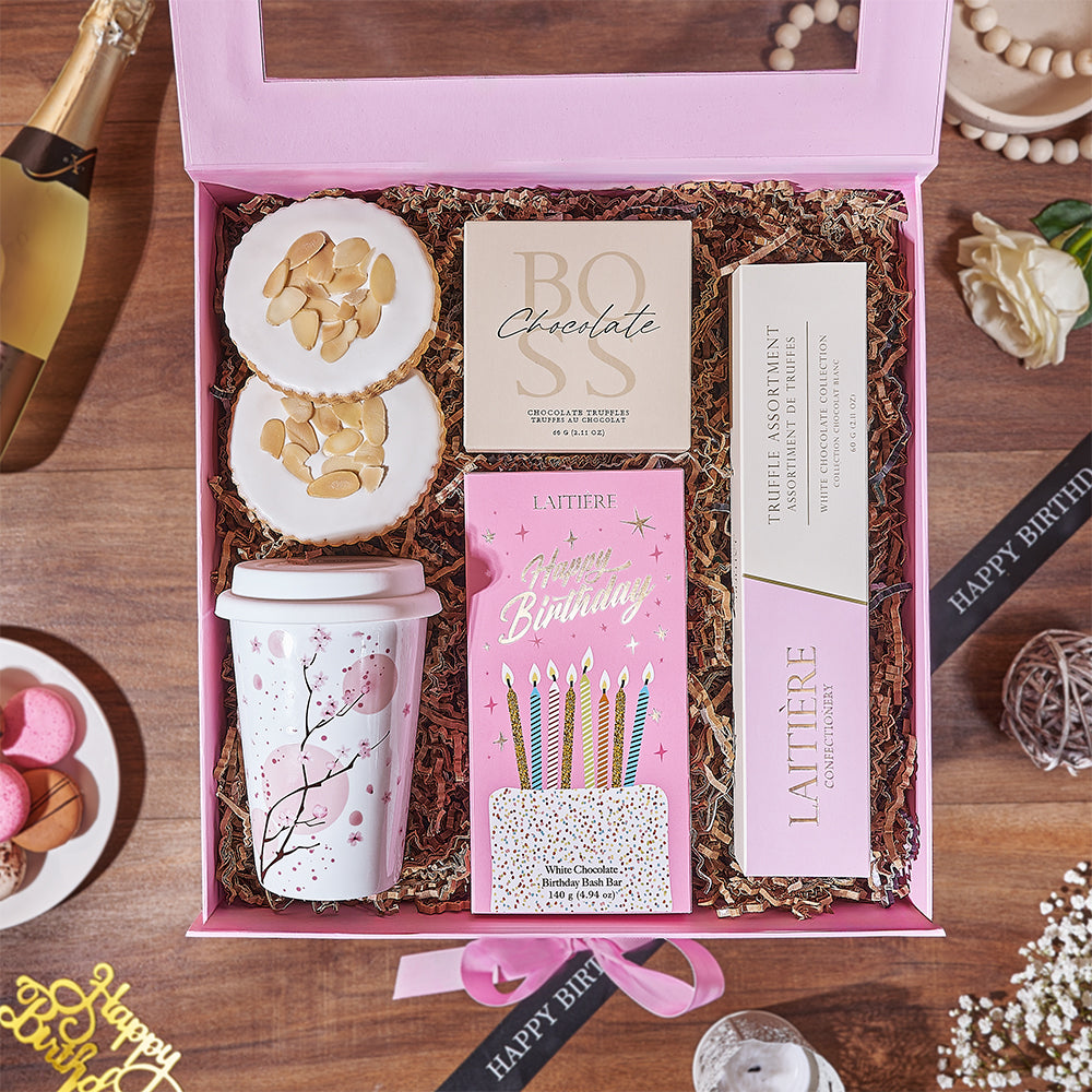 Birthday Gift Box with Assorted Gourmet Chocolates and Travel Cup – how the gift is presented
