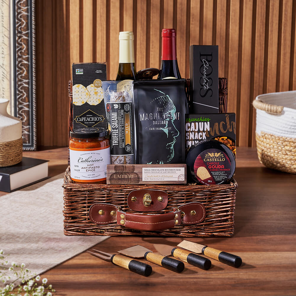 Two Bottles Wine and Gourmet Basket – how the gift is presented