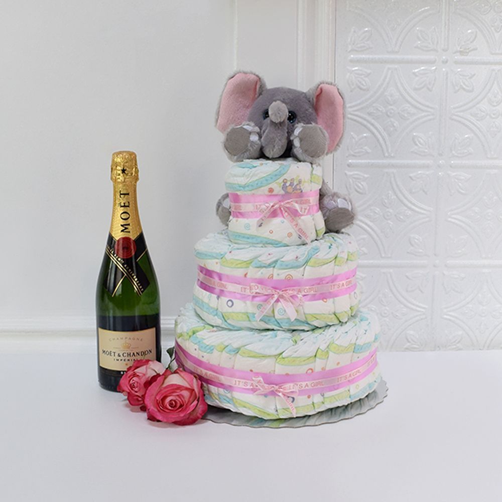 Diaper Cake Celebration from Vermont Baskets - Champagne Gift Set - Vermont Delivery