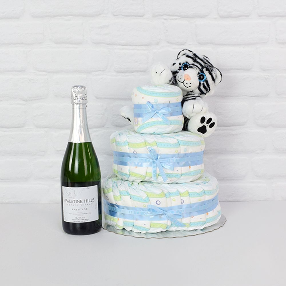 Diapers & Plush Tiger Champagne Gift Set from Vermont Baskets - Champagne Gift Basket - Vermont Delivery