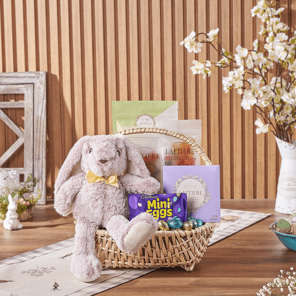 Plush Bunny Candy and Chocolate Basket – how the gift is presented