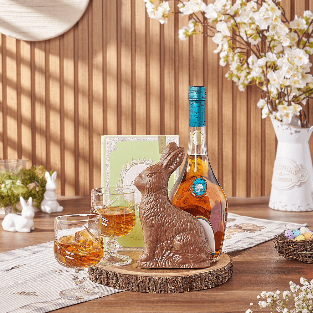 Vodka Chocolate Bunny Gift Basket – how the gift is presented