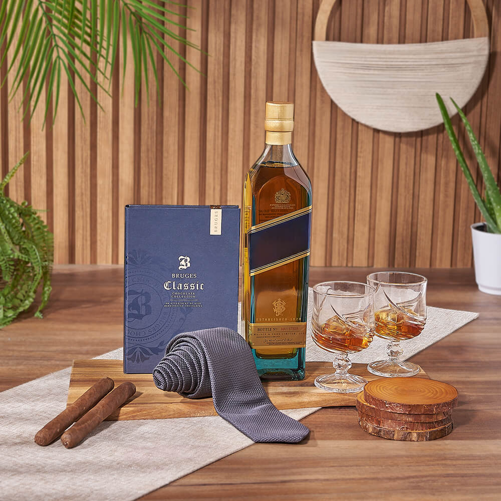 Dad's Whiskey Gift Set with Chocolate Bars, Cigars & Live Edge Coasters – how the gift is presented