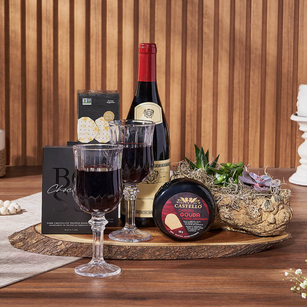 Premium Wine Gift Basket with Artisan Cheese, Crackers, and Truffles – how the gift is presented