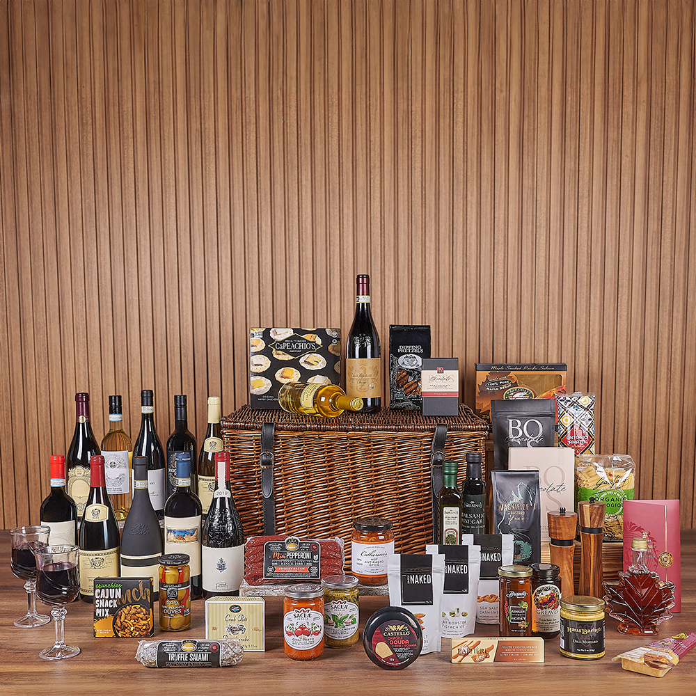 Exquisite Wine & Goodie Basket - Table Wines, wine gift, wine, chocolate gift, chocolate, luxury gift, luxury, Vermont delivery