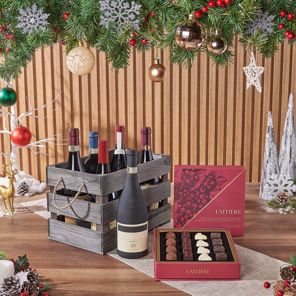 Festive Christmas Wine Gift Crate, wine gift, wine, christmas gift, christmas, holiday gift, holiday, chocolate gift, chocolate, Vermont delivery