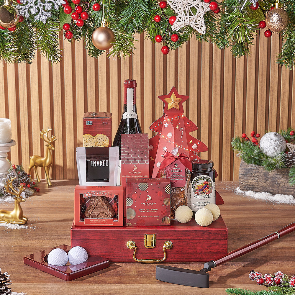 Wooden Case Holiday Wine Gift Basket with Premium Treats – how the gift is presented