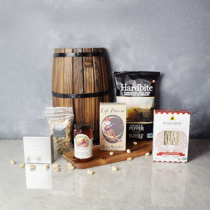 Gourmet Chocolate and Truffle Gift Basket with Organic Crackers – how the gift is presented