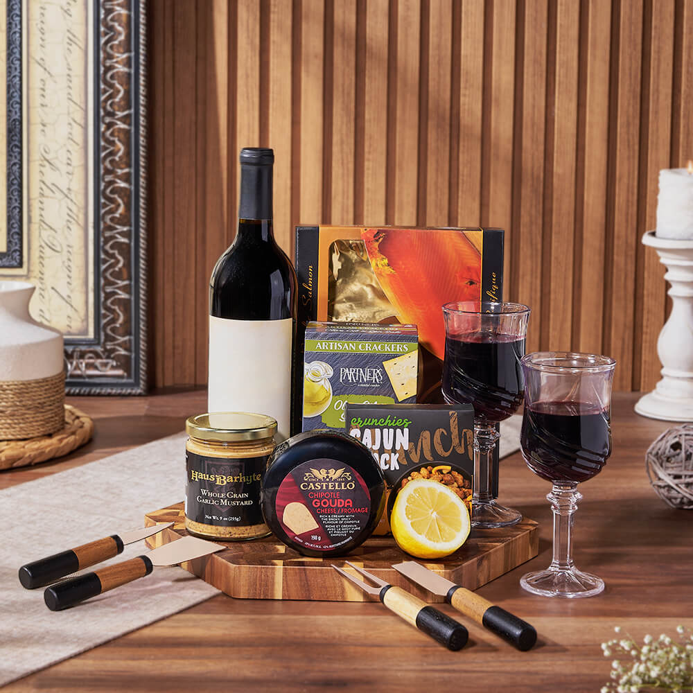 Gourmet Snack & Salmon Gift Set with Wine from Vermont Baskets - Wine Gift Basket - Vermont Delivery