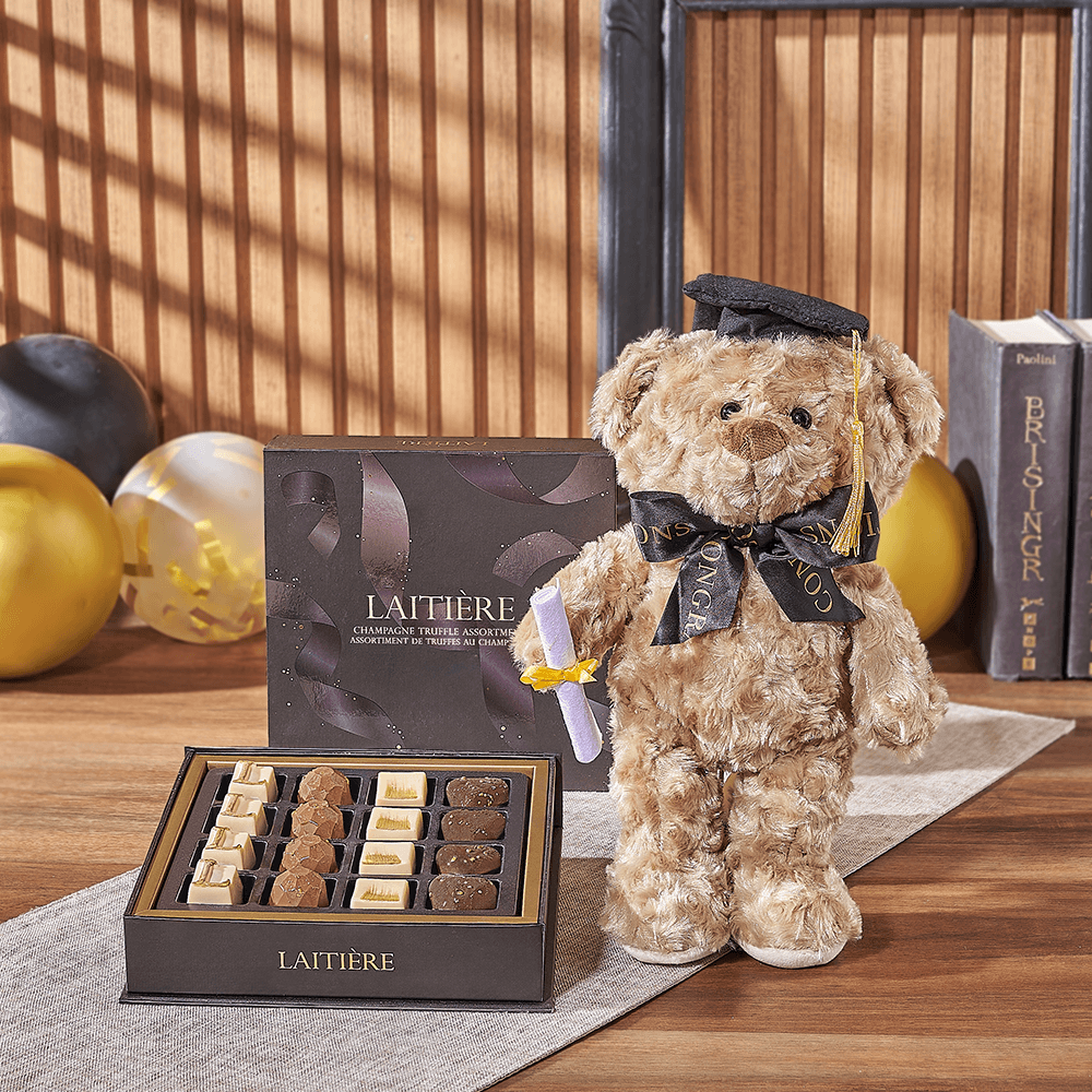 Graduation Bear & Truffle Gift, chocolate gift, chocolate, graduation gift, graduation, plush gift, plush, Vermont delivery